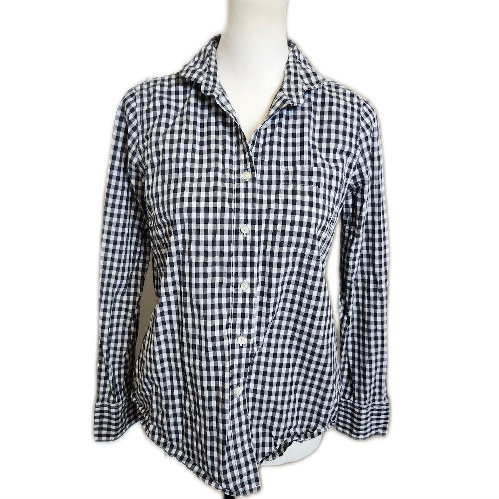 J. Crew Gingham Button Up Blouse, Rounded Collar, 6